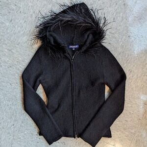 Piccolo.w Black Mohair Blend Feather Trim Hooded Zip Up Sweater Avant Garde